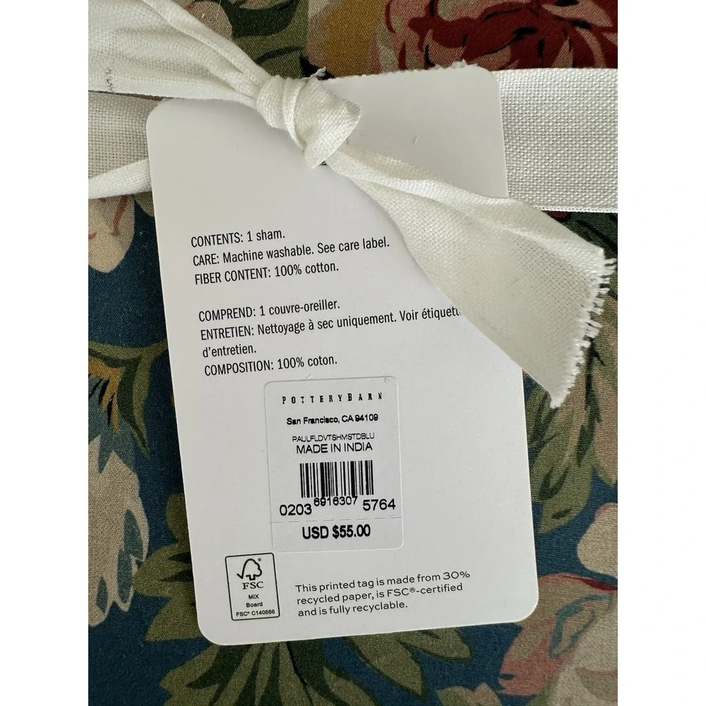 NWT Pottery Barn Pauline Floral Standard Sham Pair Set Cotton Percale Blue 20x26